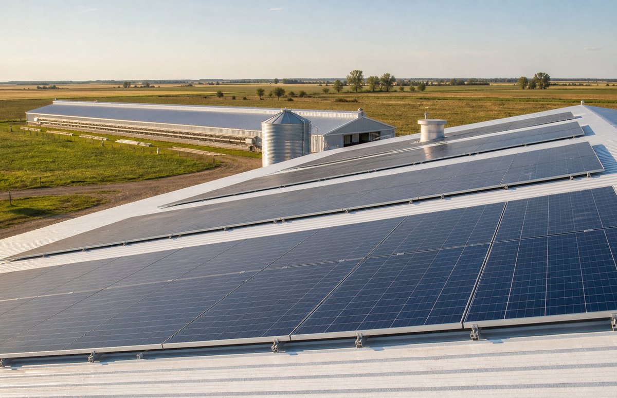 Paneles solares instalados sobre techo agroindustrial rural
