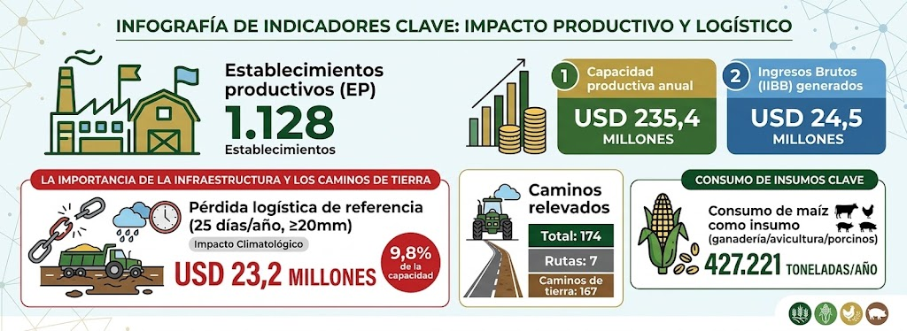 Infografía de indicadores clave de Federación: 1.128 establecimientos productivos, USD 235,4 millones de capacidad productiva anual, USD 23,2 millones de pérdida logística y 174 caminos relevados
